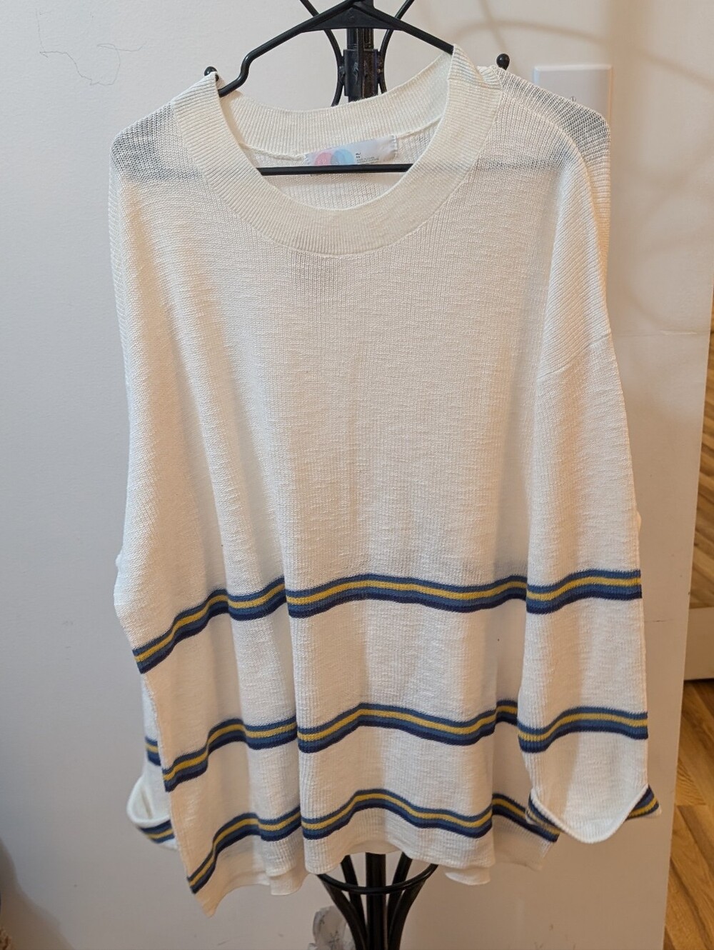 Free People Cream Knit Sweater with Blue and Yellow Stripes Size XL
